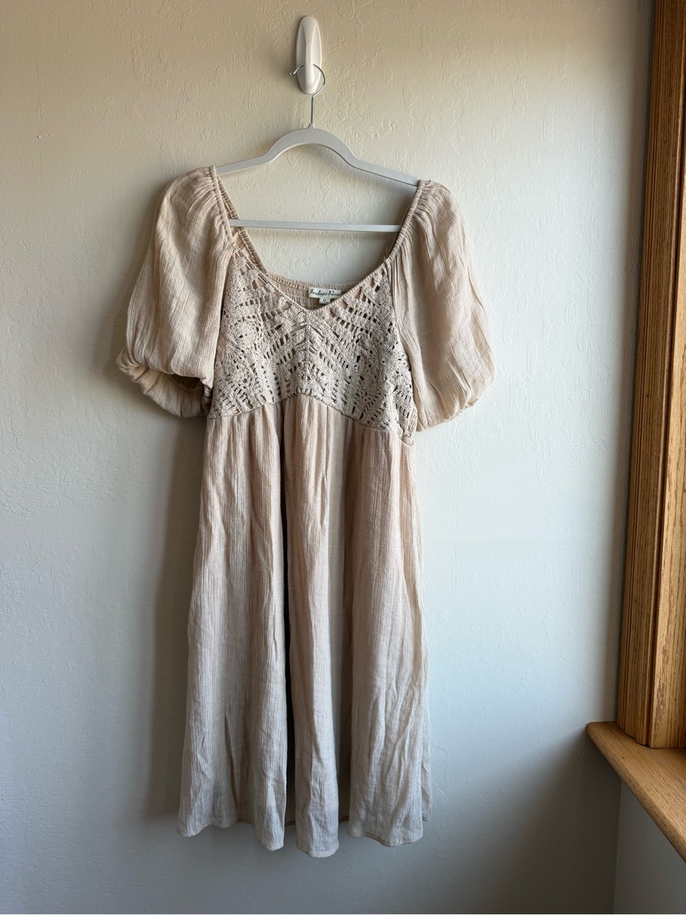 Cream Crochet Midi Dress with Puff Sleeves